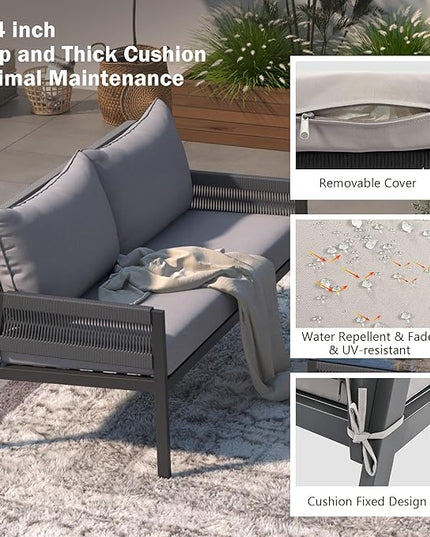 4-Piece Patio Conversation Furniture Set, Rope Weave Outdoor Loveseat Sofa with 2 Armchairs, Thick Cushion&Tempered Glass Table, for Garden Backyard, Onesize, Gray - LeafyLoom