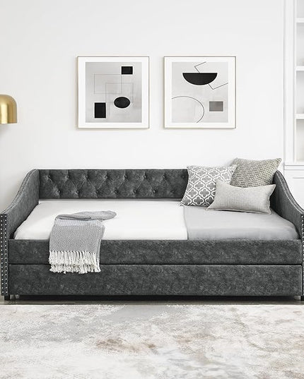 Full Size Upholstered Daybed with Twin Trundle, Wooden Sofa Bed w/Button Tufted Backrest and Waved Shape Arms, No Box Spring Needed, for Living Room, Bedroom, Dorm, Grey - LeafyLoom