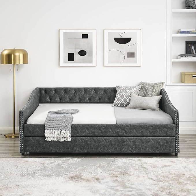 Full Size Upholstered Daybed with Twin Trundle, Wooden Sofa Bed w/Button Tufted Backrest and Waved Shape Arms, No Box Spring Needed, for Living Room, Bedroom, Dorm, Grey - LeafyLoom