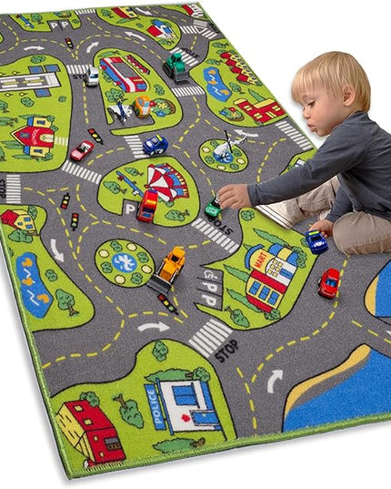Large Kids Carpet Playmat Rug 52 x 32 with Non-Slip Backing, City Life Play Mat for Playing with Car Toy, Game Area for Baby Toddler Kid Child Educational Learn Road Traffic in Bedroom, Classroom - LeafyLoom