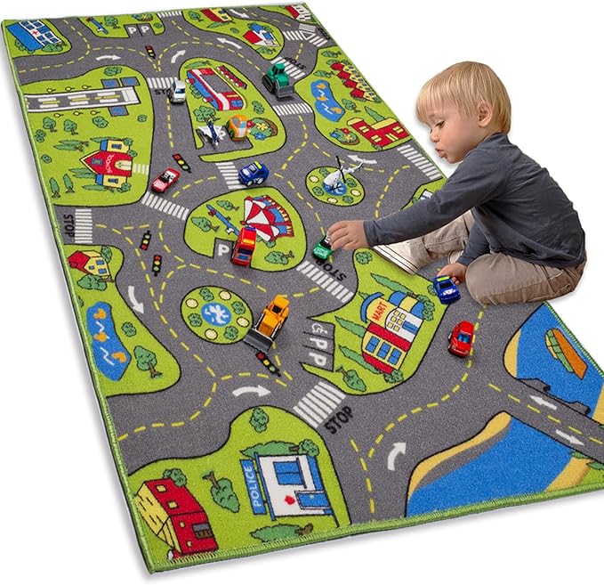 Large Kids Carpet Playmat Rug 52 x 32 with Non-Slip Backing, City Life Play Mat for Playing with Car Toy, Game Area for Baby Toddler Kid Child Educational Learn Road Traffic in Bedroom, Classroom - LeafyLoom
