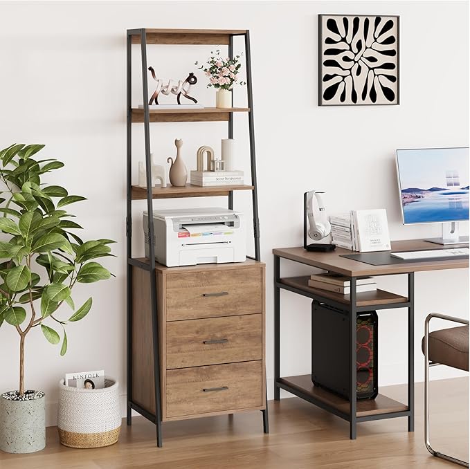 Industrial Bookshelf, Tall Bookcase with 3 Fabric Storage Drawers, Display Standing Shelf Unit for Living Room, Home Office, Vintage Brown - LeafyLoom