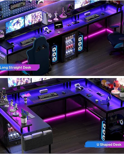 U Shaped Computer Gaming Desk, Reversible L Shaped Desk with Power Outlets, LED Strip & Monitor Stand, Large Corner Desk with Storage Shelves for Home Office, Black - LeafyLoom