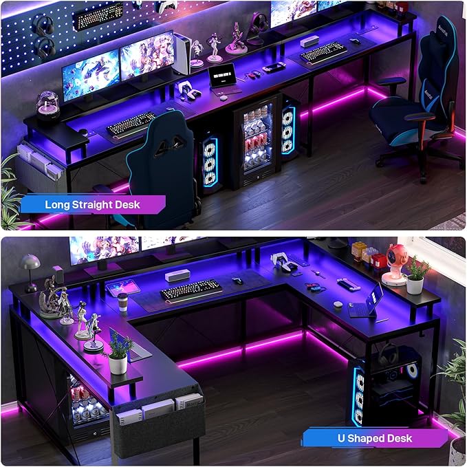 U Shaped Computer Gaming Desk, Reversible L Shaped Desk with Power Outlets, LED Strip & Monitor Stand, Large Corner Desk with Storage Shelves for Home Office, Black - LeafyLoom