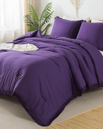 Andency Purple Comforter Set Full, 3 Pieces Boho Tassel Lightweight Bedding Comforter Sets, All Season Soft Fluffy Fringe Bed Set (79x90In Comforter & 2 Pillowcases) - LeafyLoom