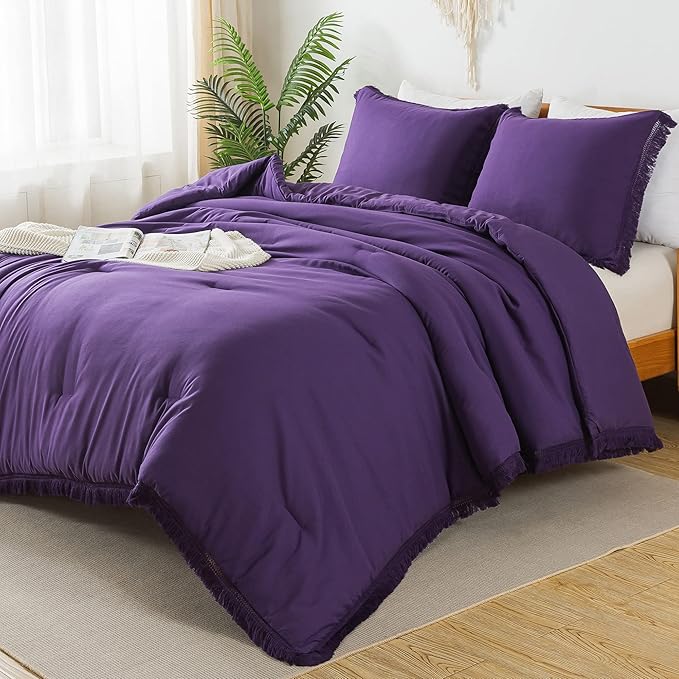 Andency Purple Comforter Set Full, 3 Pieces Boho Tassel Lightweight Bedding Comforter Sets, All Season Soft Fluffy Fringe Bed Set (79x90In Comforter & 2 Pillowcases) - LeafyLoom
