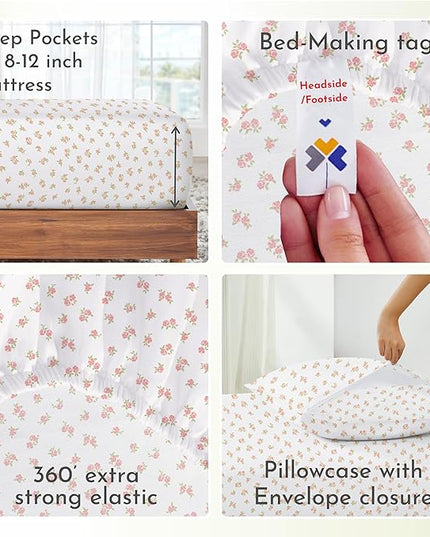 California Design Den Twin Floral Sheet Set, 100% Cotton 3 Pc Deep Pocket Twin Sheets & Pillowcase Set - Chic Floral - LeafyLoom