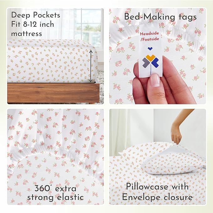 California Design Den Twin Floral Sheet Set, 100% Cotton 3 Pc Deep Pocket Twin Sheets & Pillowcase Set - Chic Floral - LeafyLoom