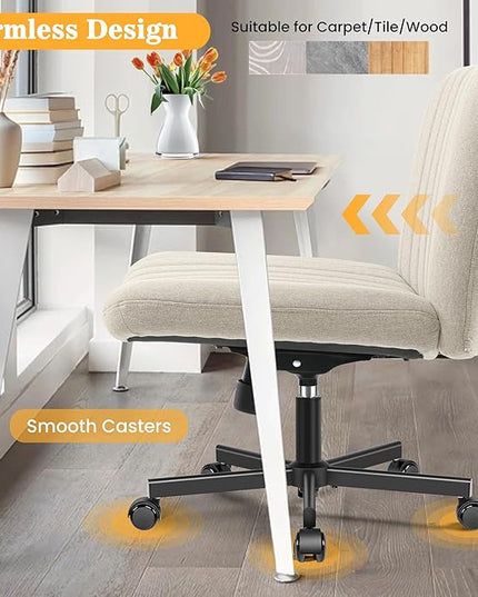 Armless Office Chair with Wheels, Ergonomic Wide Seat Fabric Cross Legged Desk Chair, Swivel Computer Chair for Home Office, Modern Vanity Chair Beige - LeafyLoom