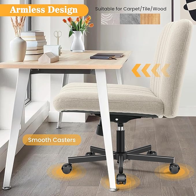 Armless Office Chair with Wheels, Ergonomic Wide Seat Fabric Cross Legged Desk Chair, Swivel Computer Chair for Home Office, Modern Vanity Chair Beige - LeafyLoom