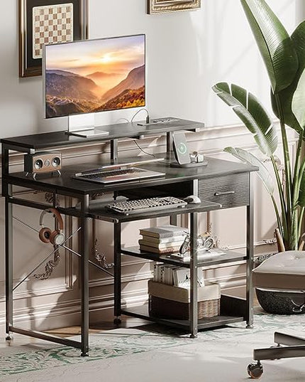 AODK Small Computer Desk with Keyboard Tray, 40 Inch Gaming Desk with Power Outlet, Office Desk with Drawer, Reversible Desk with Adjustable Monitor Shelf and Storage Shelf for Home, Black - LeafyLoom