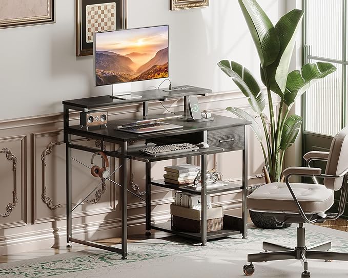 AODK Small Computer Desk with Keyboard Tray, 40 Inch Gaming Desk with Power Outlet, Office Desk with Drawer, Reversible Desk with Adjustable Monitor Shelf and Storage Shelf for Home, Black - LeafyLoom