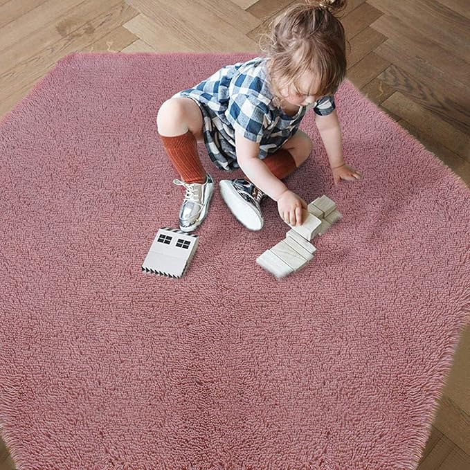 junovo Ultra Soft Rug for Nursery Children Room Baby Room Home Decor Dormitory Hexagon Carpet for Playhouse Princess Tent Kids Play Castle, Diameter 4.6 ft, Blush - LeafyLoom