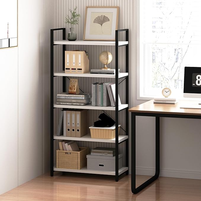 Tall Bookshelf with Large Storage,5 Tier Bookcase in Bedroom,Living Room and Office,Modern Wide Bookcase Shelf for Storing Books/Plants,White - LeafyLoom