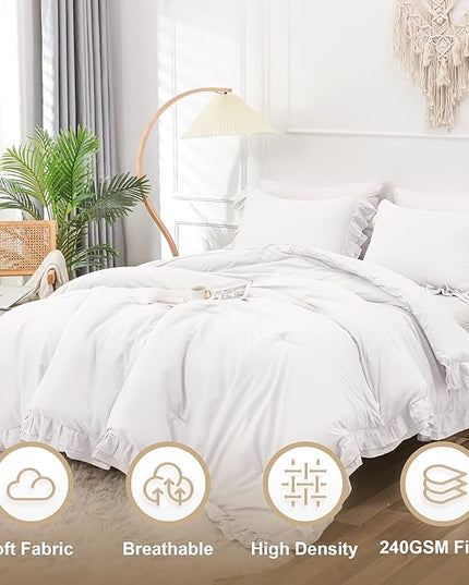 White Double Ruffle Comforter Set King Size (104x90 Inch), 3 Pcs Farmhouse Vintage Comforter Set (1 Ruffled Comforter and 2 Pillowcase), Rustic All Season Down Alternative Bedding Set - LeafyLoom