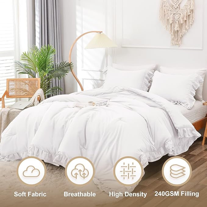 White Double Ruffle Comforter Set King Size (104x90 Inch), 3 Pcs Farmhouse Vintage Comforter Set (1 Ruffled Comforter and 2 Pillowcase), Rustic All Season Down Alternative Bedding Set - LeafyLoom