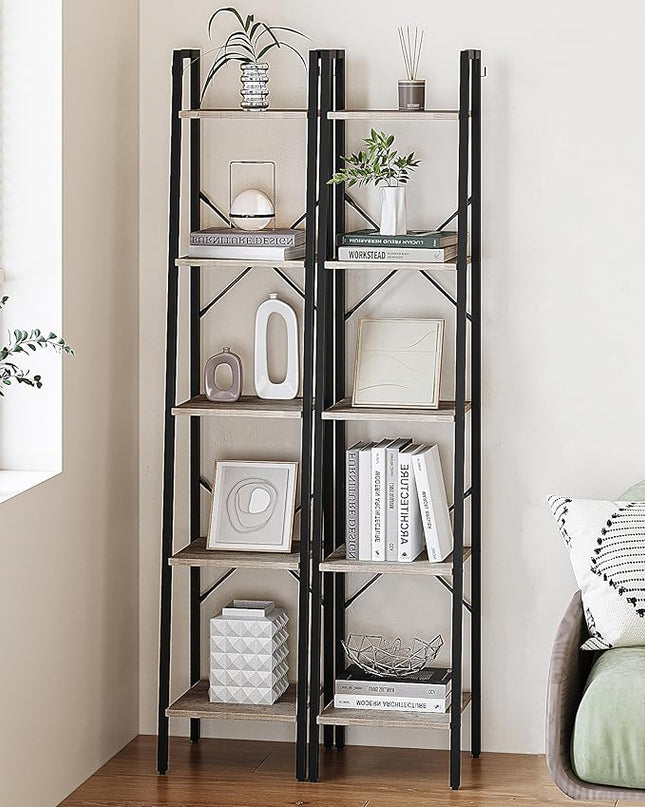 Ladder Shelf, Bookshelf Bookcase, Freestanding Corner Storage Shelve with 2 Hooks for Home Office, Living Room, Kitchen, Bedroom, Industrial, 5-Tier Greige BC03205B - LeafyLoom