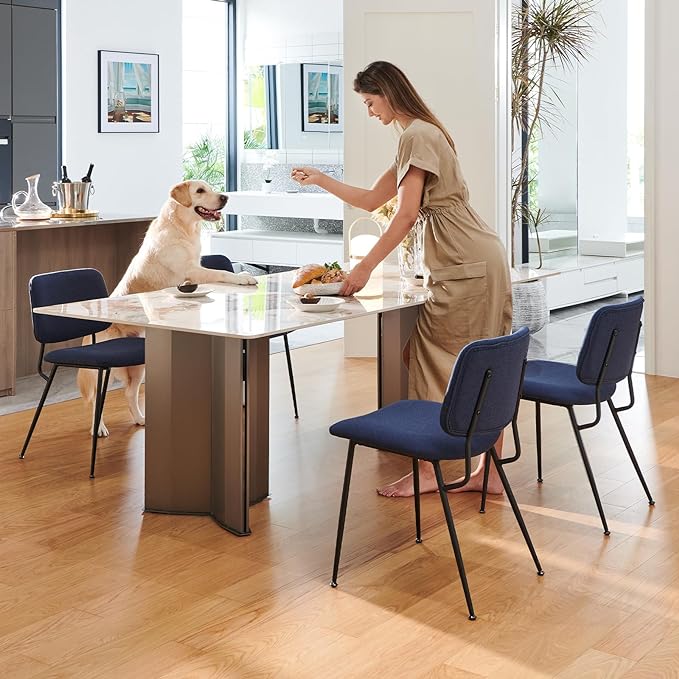 COLAMY Modern Upholstered Fabric Dining Room Accent Diner Stylish Kitchen Chairs with Solid Metal Legs, set of 6, Blue - LeafyLoom