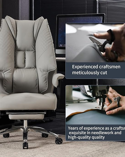 Big and Tall Office Chair 400lbs Wide Seat, Leather High Back Executive Office Chair with Foot Rest, Ergonomic Office Chair Lumbar Support for Lower Back Pain Relief (Light Grey) - LeafyLoom