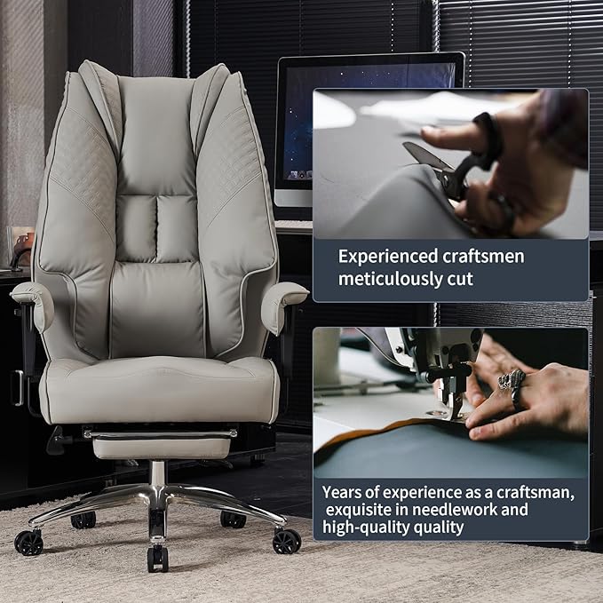 Big and Tall Office Chair 400lbs Wide Seat, Leather High Back Executive Office Chair with Foot Rest, Ergonomic Office Chair Lumbar Support for Lower Back Pain Relief (Light Grey) - LeafyLoom