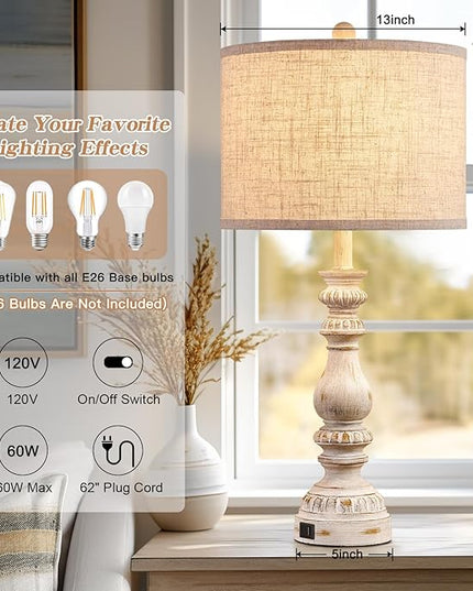 Farmhouse Bedside Table Lamps Set of 2, Bedroom Lamps for Nightstand with USB A+C Ports, 28” Rustic Vintage Living Room Lamps with Rotary Switch - Bulb Not Included - LeafyLoom