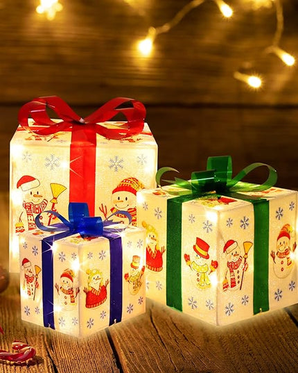 [Large 8.5"x7"x6" Christmas Set of 3 Lighted Gift Boxes Decorations Pre-lit 70 Super-Bright LED with Flashers,for Indoor Outdoor Christmas Tree Skirt Ornament Pathway Holiday Party Home GLOWNOVA