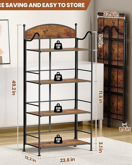 Folding Bookshelf No Assembly, 4 Shelf Black Folding Bookcase with Sturdy Metal Frame, Vintage Open Standing Collapsible Shelves for Bedroom, Living Room, Home Office Organization - LeafyLoom