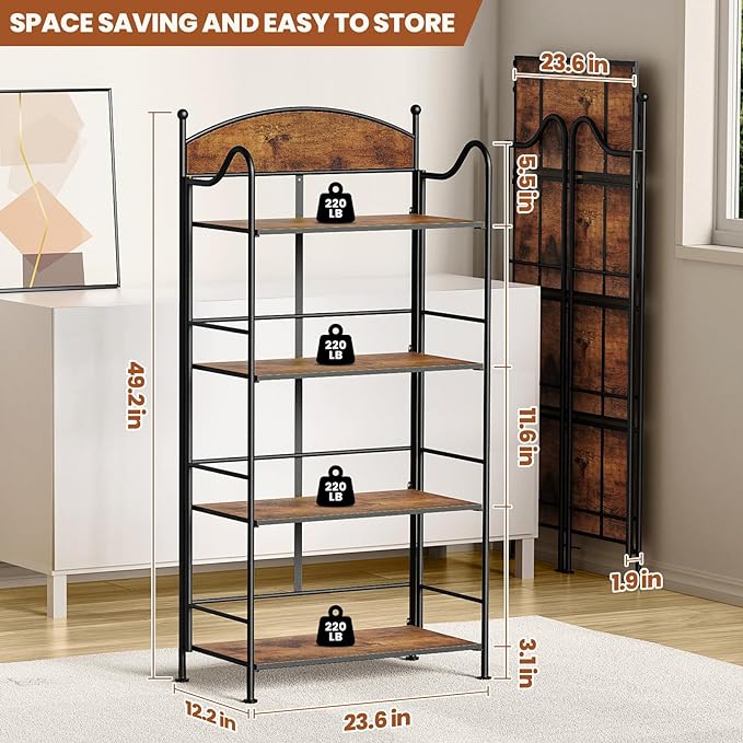 Folding Bookshelf No Assembly, 4 Shelf Black Folding Bookcase with Sturdy Metal Frame, Vintage Open Standing Collapsible Shelves for Bedroom, Living Room, Home Office Organization - LeafyLoom