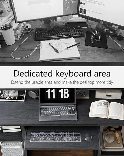 BANTI 47 Inch Computer Desk with Storage Shelves Monitor Stand Keyboard Tray, Home Office Desk, Study Writing Table, Black - LeafyLoom