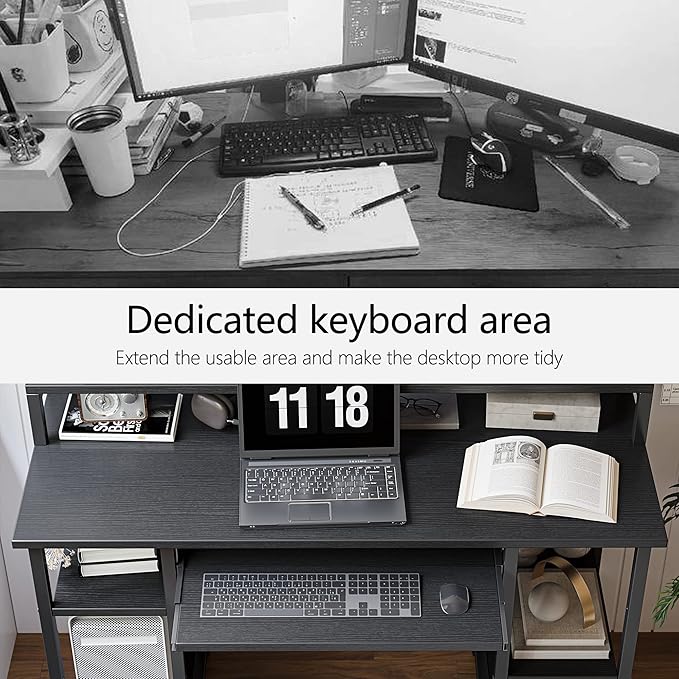 BANTI 47 Inch Computer Desk with Storage Shelves Monitor Stand Keyboard Tray, Home Office Desk, Study Writing Table, Black - LeafyLoom
