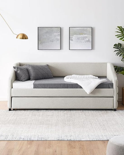 Linen Upholstered Twin Size Daybed with Twin Size Trundle, Solid Wood Tufted Sofa Bed Frame for Bedroom, Guest Room, Dorm, No Box Spring Needed, Space-Saving Design, Beige - LeafyLoom