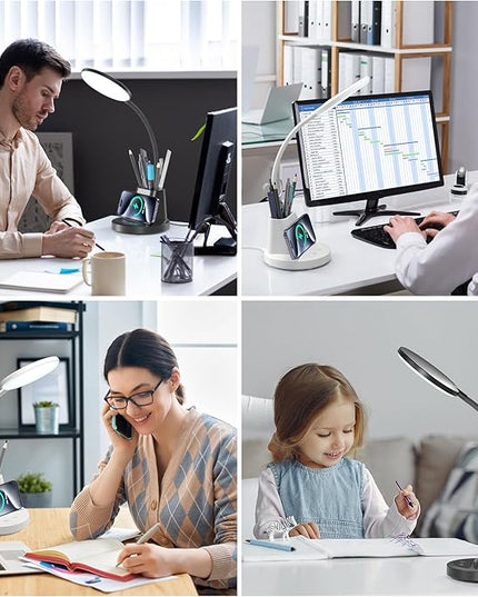 comzler LED Desk Lamp with Wireless Charger Pen Phone Holder, Black Desk Lamp for Home Office, Dimmable Desk Light 3 Color Modes, College Dorm Study Lamp for College Dorm, CRI 90 800 Lumen - LeafyLoom