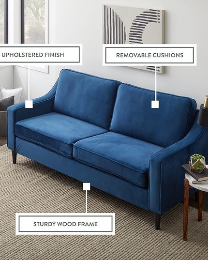 Edenbrook Jensen Upholstered Couch - Couches for Living Room – Blue Velvet Couch - Living Room Furniture - Small Couch - Seats Three - Scoop Arm Modern Couch - LeafyLoom