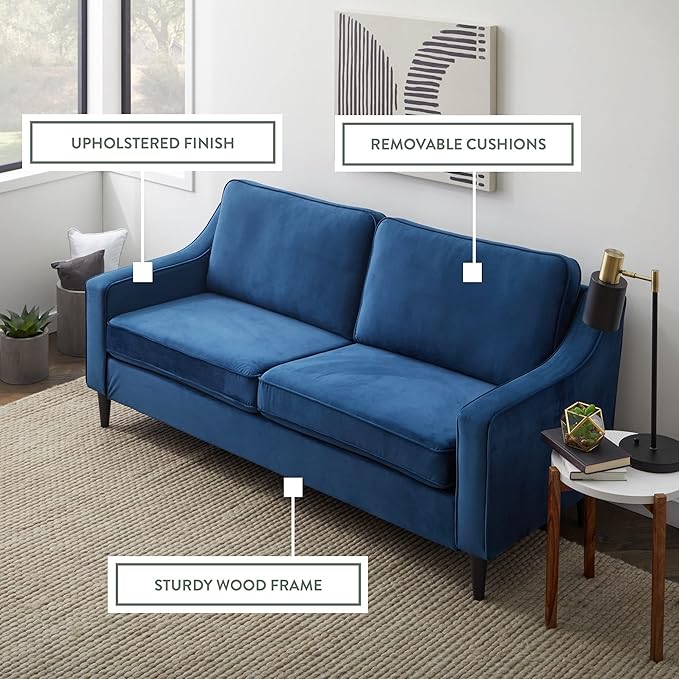 Edenbrook Jensen Upholstered Couch - Couches for Living Room – Blue Velvet Couch - Living Room Furniture - Small Couch - Seats Three - Scoop Arm Modern Couch - LeafyLoom