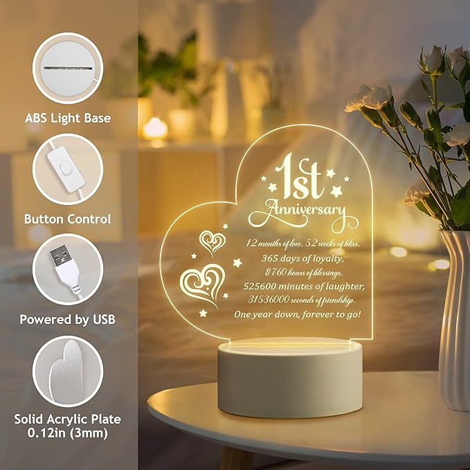 1st Anniversary Romantic Gifts for Him Her, 1 Year Anniversary Valentines Gifts for Boyfriend Girlfriend, One Year Paper Anniversary Night Light Gifts for Wife Husband Couple - LeafyLoom