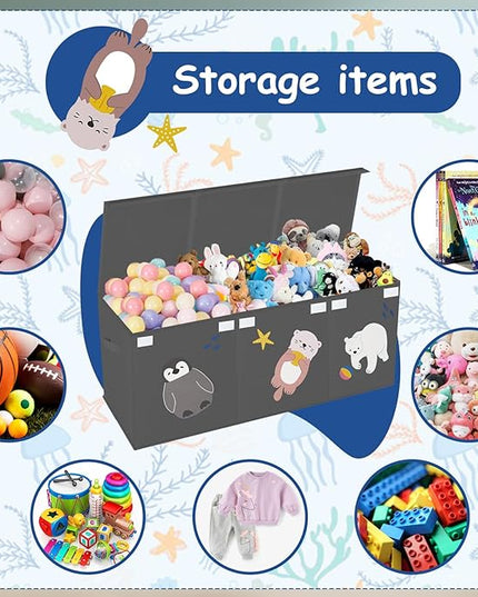 Large Toy Box Storage Chest,Sturdy Toys Storage Organizer Bin Basket with Dividers and Lids for Toddlers,Boys,Girls,Nursery,Closet,Living Room Area,Playroom(Grey Animals) - LeafyLoom