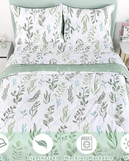 DILIMI Full Size Comforter Set for Girls, 5 Pieces Reversible Comforter Full Size, Ultra Soft Green Leaf Full Size Bed Comforter Sets with Sheet, Comforter, Flat Sheet, 2 Pillowcase - LeafyLoom