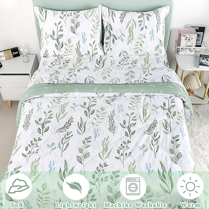 DILIMI Full Size Comforter Set for Girls, 5 Pieces Reversible Comforter Full Size, Ultra Soft Green Leaf Full Size Bed Comforter Sets with Sheet, Comforter, Flat Sheet, 2 Pillowcase - LeafyLoom