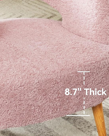 Accent Chair with Ottoman Teddy Fleece Upholstered Armchair Mid-Century Modern Comfortable Chairs and Ottoman Set with Wooden Legs for Living Room, Bedroom(Rose Pink) - LeafyLoom