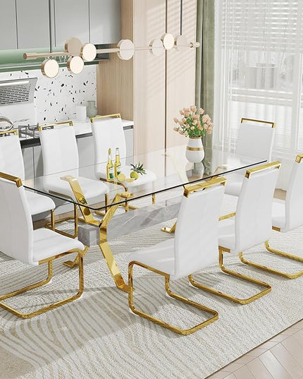 NicBex Dining Table Modern Tempered Glass Dining Table Large Modern Office Desk with Gold Plated Metal Legs and MDF Crossbars, Suitable for Both Home and Office Use, Gold + Silver - LeafyLoom
