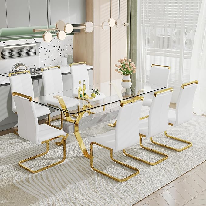 NicBex Dining Table Modern Tempered Glass Dining Table Large Modern Office Desk with Gold Plated Metal Legs and MDF Crossbars, Suitable for Both Home and Office Use, Gold + Silver - LeafyLoom
