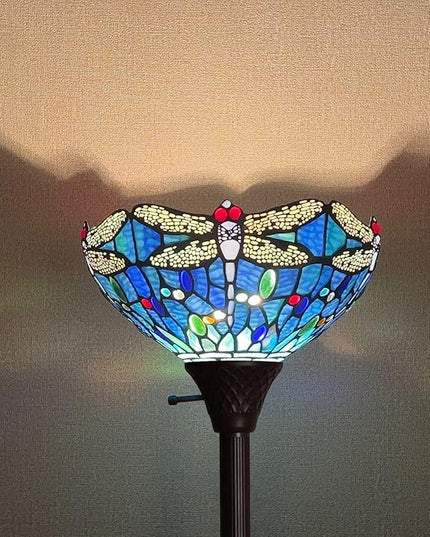 Capulina Tiffany Torchiere Floor Lamp 70 Inches Tall Industrial Pole Vintage Blue Dragonfly Style Standing Floor Light for Home Office Living Room Bedroom Farmhouse - LeafyLoom