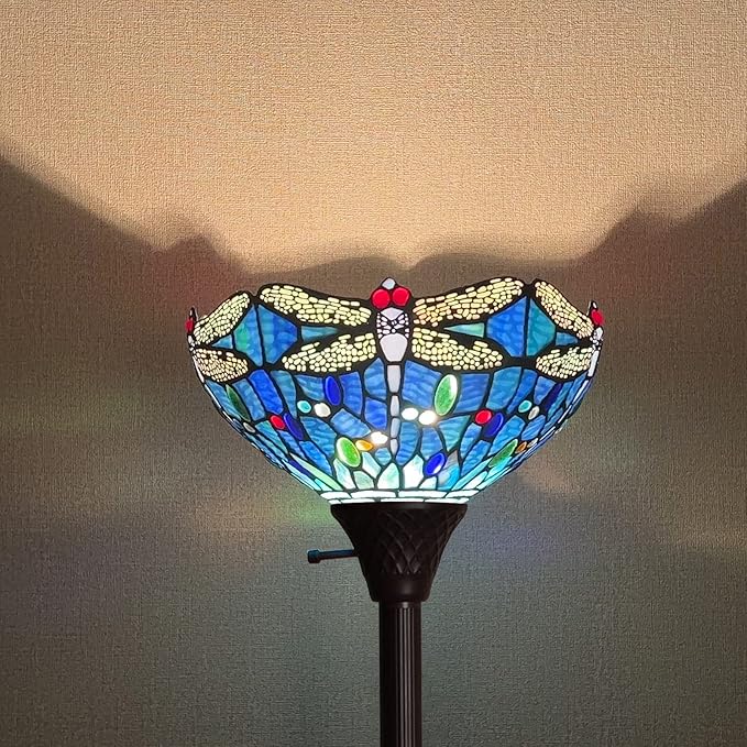 Capulina Tiffany Torchiere Floor Lamp 70 Inches Tall Industrial Pole Vintage Blue Dragonfly Style Standing Floor Light for Home Office Living Room Bedroom Farmhouse - LeafyLoom