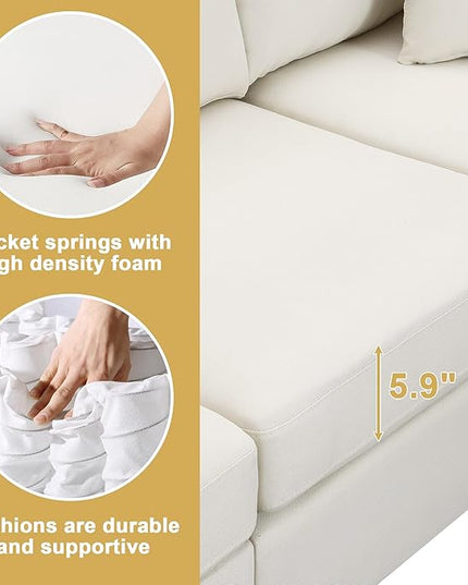 90" Modular Sectional Sofa with Convertible Ottoman, 5 Seats L-Shape Reversible Solid Corner Sofa with 2 Pillows, Linen Modern Sleeper Couch for Living Room, Apartment, Office (Cream White) - LeafyLoom