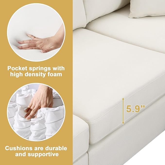90" Modular Sectional Sofa with Convertible Ottoman, 5 Seats L-Shape Reversible Solid Corner Sofa with 2 Pillows, Linen Modern Sleeper Couch for Living Room, Apartment, Office (Cream White) - LeafyLoom