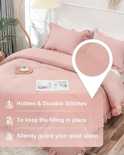 Blush Pink Double Ruffle Comforter Set Full Size (79x90 Inch), 3 Pcs Farmhouse Vintage Comforter Set (1 Ruffled Comforter and 2 Pillowcase), Rustic All Season Down Alternative Bedding Set - LeafyLoom
