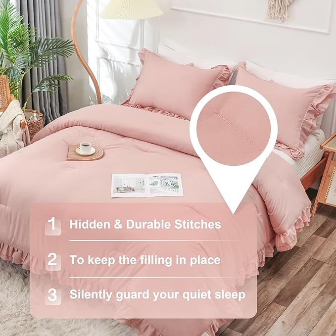 Blush Pink Double Ruffle Comforter Set Full Size (79x90 Inch), 3 Pcs Farmhouse Vintage Comforter Set (1 Ruffled Comforter and 2 Pillowcase), Rustic All Season Down Alternative Bedding Set - LeafyLoom
