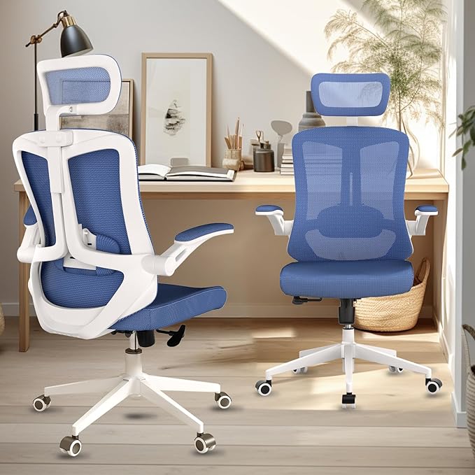 Office Chair with 350LBS Capacity,Ergonomic Comfy Home Desk Chair,High Back Gaming Chair with Wheels,Mesh Computer Chair,Lumbar Support, Adjustable Headrest,Flip-up Armrest - LeafyLoom