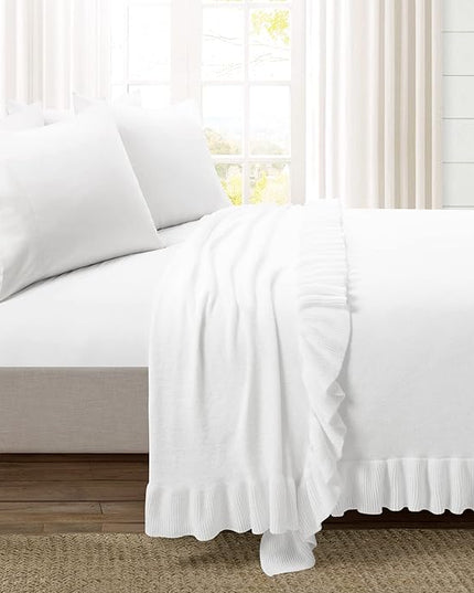 Lush Decor Reyna Soft Knitted Ruffle Throw Blanket, 104" W x 88" L, White - Classic Ruffled Bedding - Knit Blanket - Cozy Oversized Blanket For Bed or Couch - Vintage, Minimalist & Cottage Home Decor - LeafyLoom