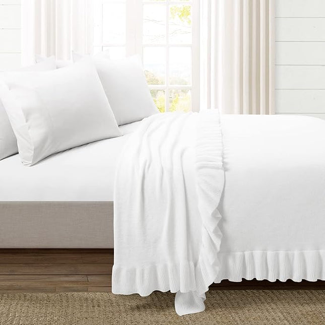 Lush Decor Reyna Soft Knitted Ruffle Throw Blanket, 104" W x 88" L, White - Classic Ruffled Bedding - Knit Blanket - Cozy Oversized Blanket For Bed or Couch - Vintage, Minimalist & Cottage Home Decor - LeafyLoom
